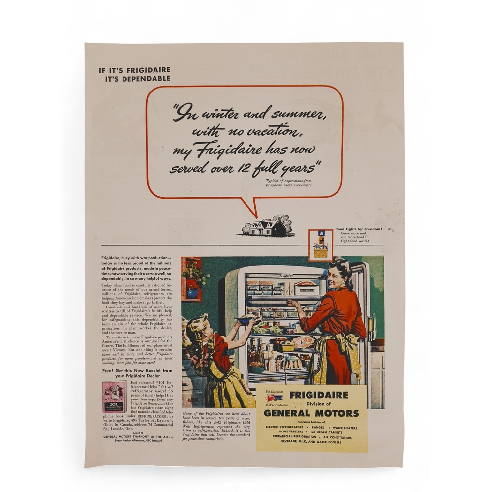 1944 "If It's Frigidaire It's Dependable" Smiling Mom and‎ Daughter Vtg Print Ad